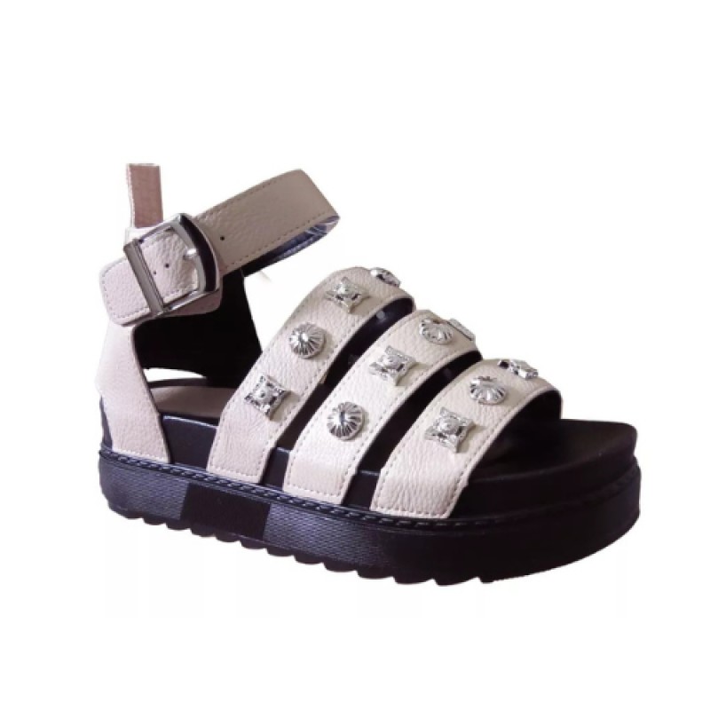Sandale Gladiateur Cloutée à Plateforme - Beige